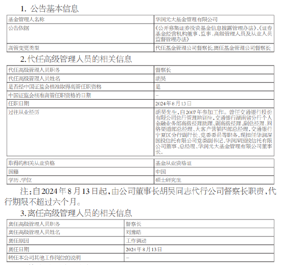 华润元大基金刘豫皓因工作调动离任 董事长胡昊代任督察长职务