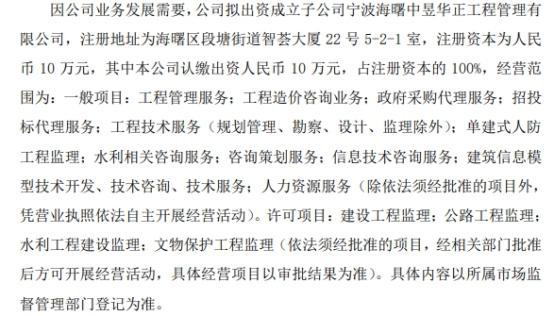 中昱华正拟出资10万成立子公司宁波海曙中昱华正工程管理有限公司