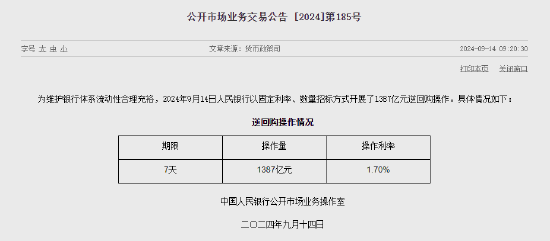 央行今日进行1387亿元7天期逆回购操作